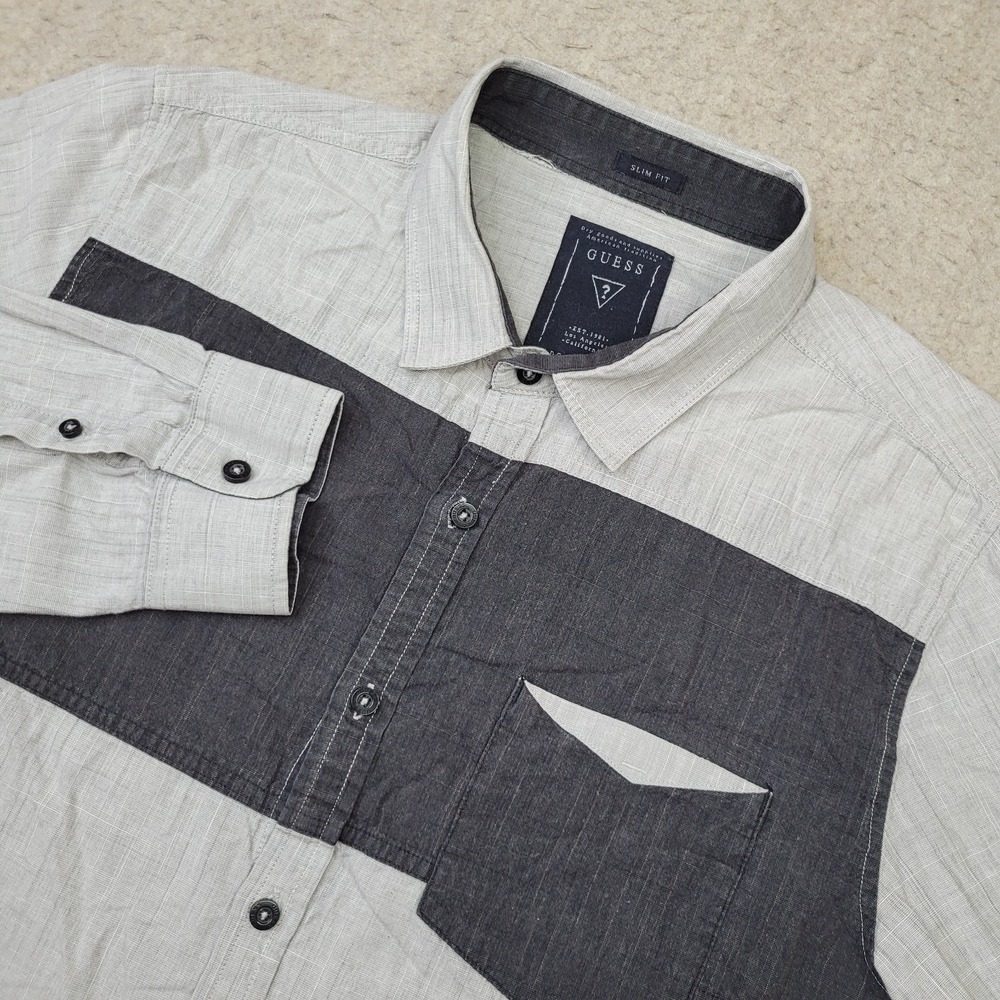 Guess Shirt Mens L Slim Fit Button Up Gray Colorblock Long Sleeve Pocket Cotton‎